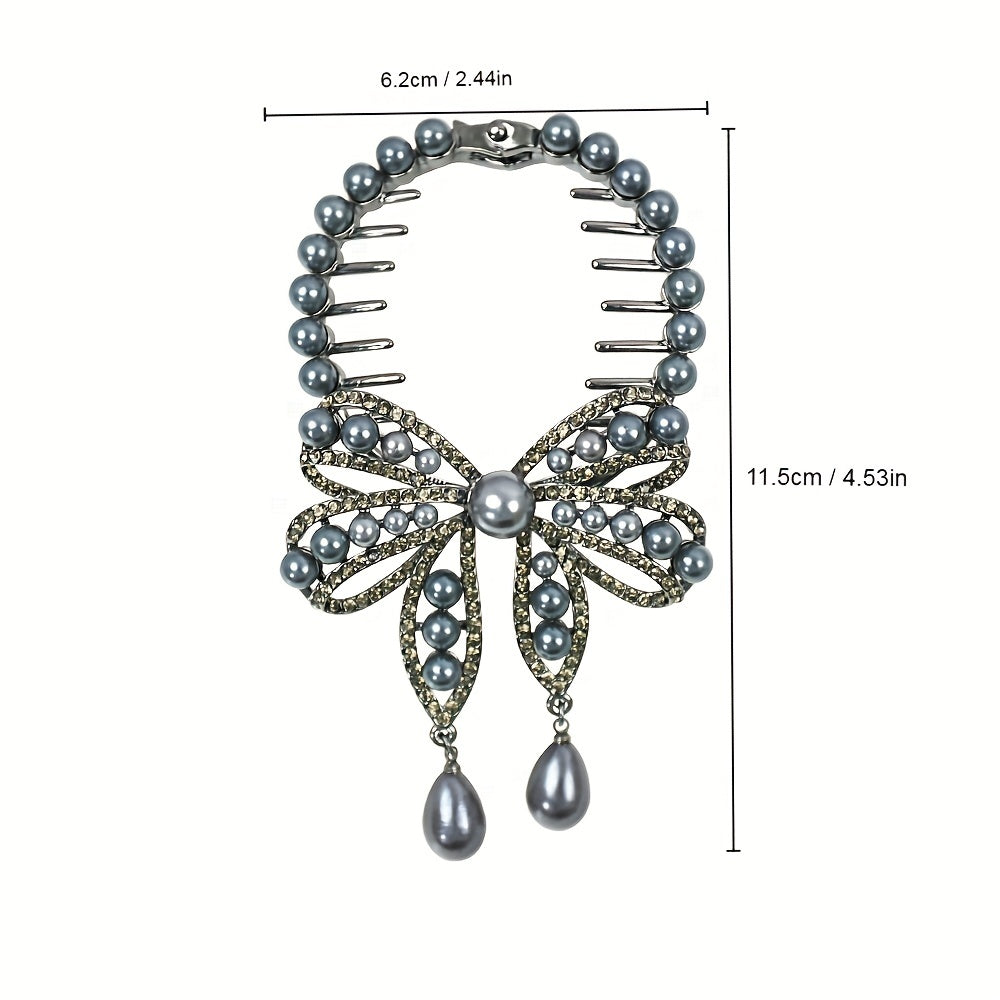 Faux Pearl Butterfly Hair Claw Clip Rhinestone Bun Clip
