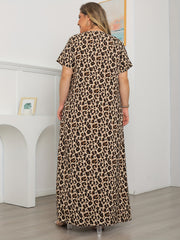 Leopard Print Round Neck Maxi Dress Short Sleeve Plus Size