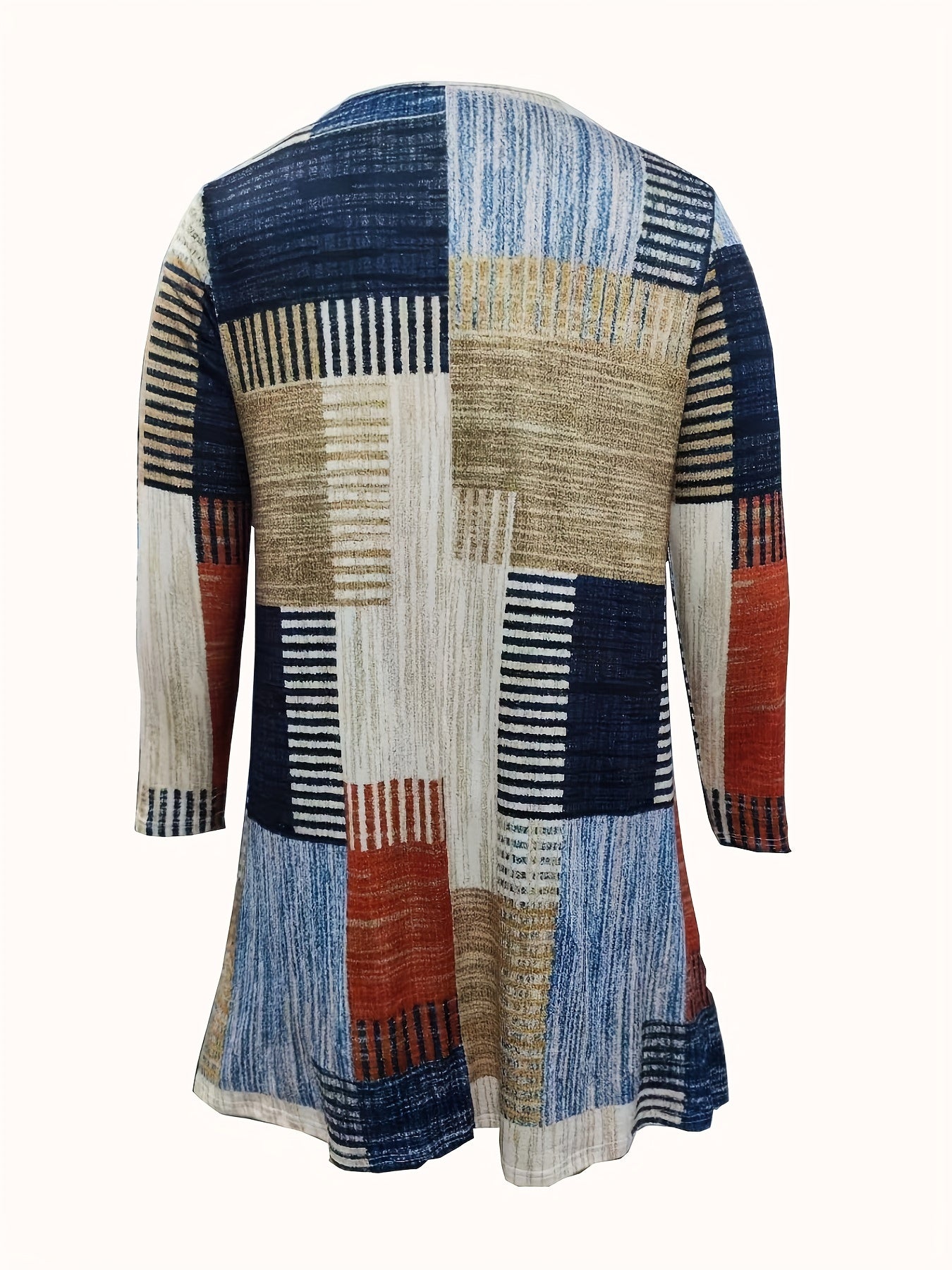  Patchwork Print Long Sleeve V Neck Mini Dress