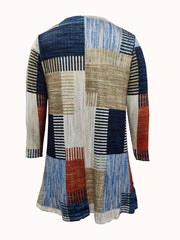  Patchwork Print Long Sleeve V Neck Mini Dress