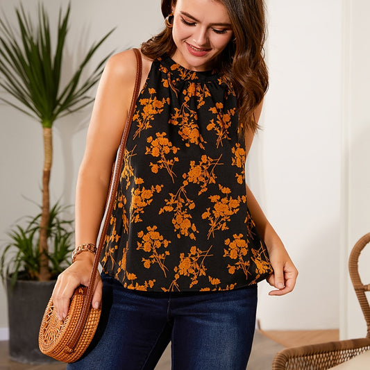 Floral Print Round Neck Tank Top, Plus Size