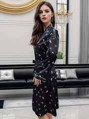 Moon Print Lounge Robes V Neck Long Sleeve Home Robe With Belt Women's