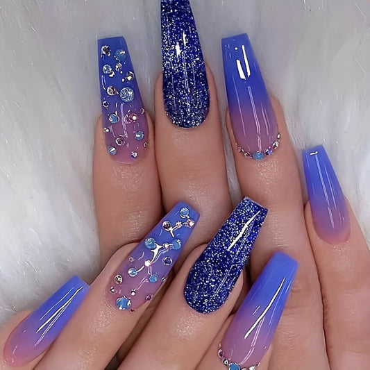 24pcs Ombre Glitter Coffin Nails with Rhinestones Press On