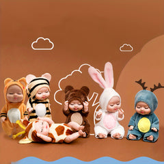 6 Cute Cartoon Stuffed Animal Dolls + Realistic Girl Doll Set