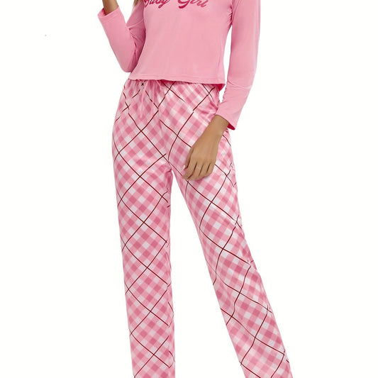 Letter Print Lounge Set Long Sleeve Crew Neck Top & Plaid Pants