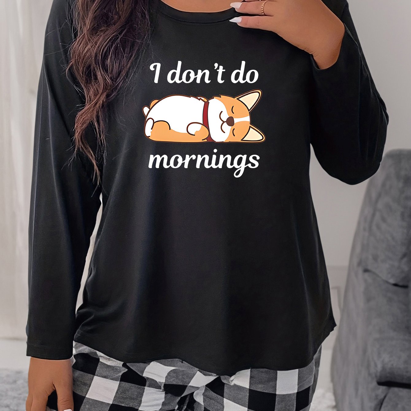 Women's Plus Puppy Print Long Sleeve Round Neck Comfort Tee