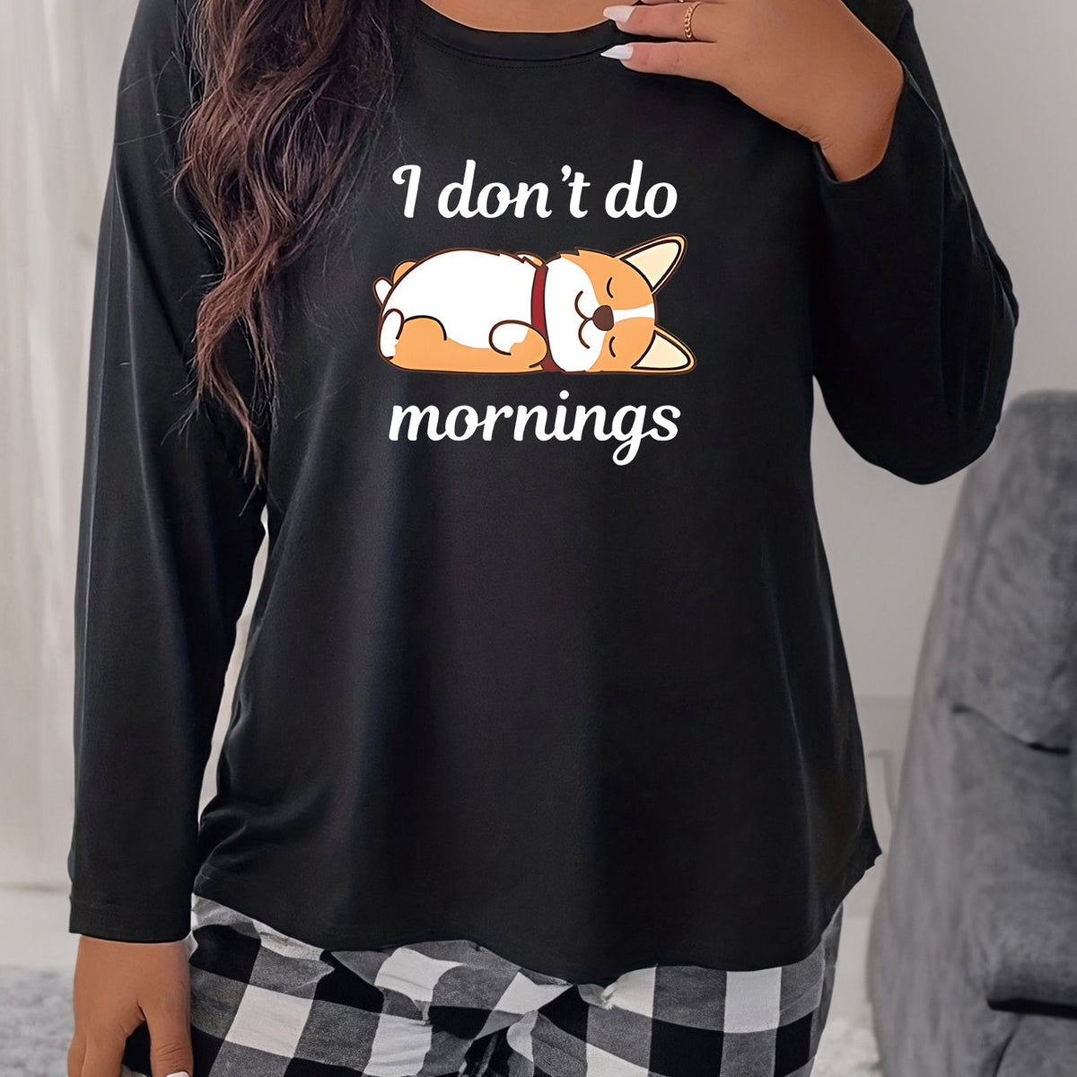 Women's Plus Puppy Print Long Sleeve Round Neck Comfort Tee