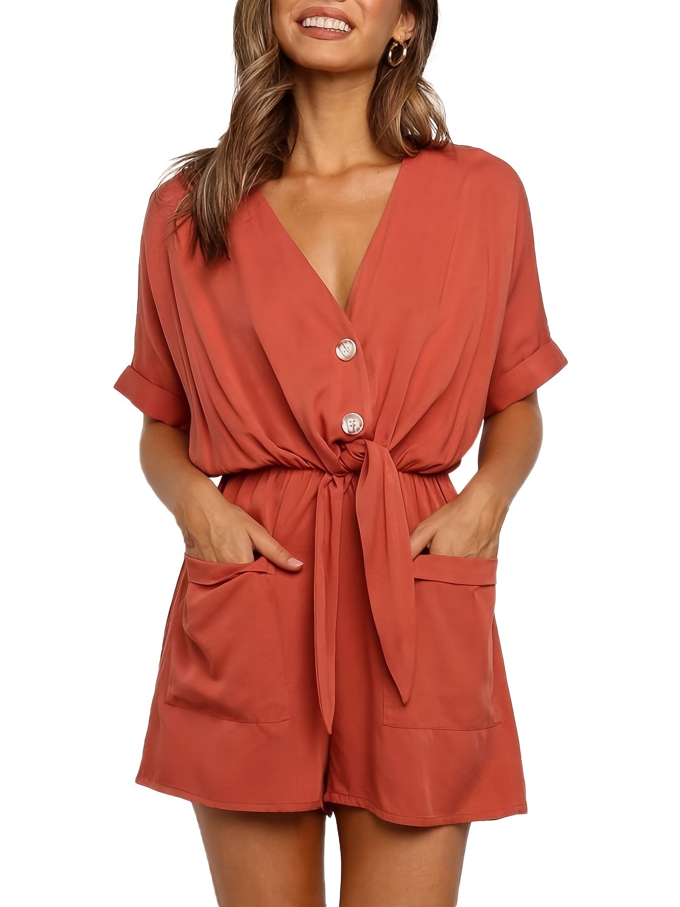 Women's V Neck Button Rompers Knot Tie Short Sleeve Jumpsuit