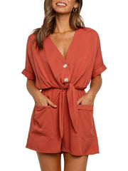 Women's V Neck Button Rompers Knot Tie Short Sleeve Jumpsuit