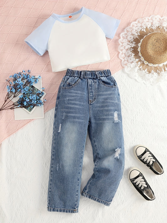 Girls 2 Pcs Raglan Short Sleeve Top & Elastic Waist Jeans Casual Set
