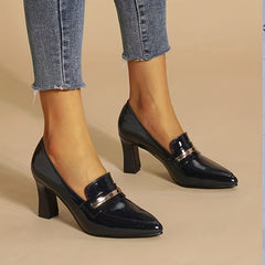Women's Pointed Toe Court Pumps Slip On Patent Leather Block Heels