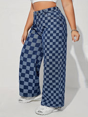  Checkboard Print High Waist Wide Leg Jeans
