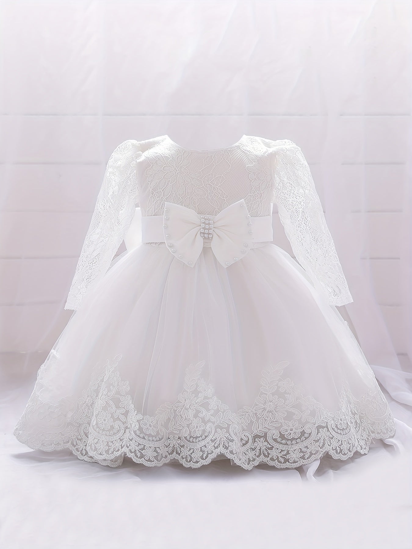 Girls Lace Long Sleeve Puffy Princess Dress With Bow