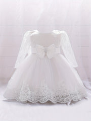 Girls Lace Long Sleeve Puffy Princess Dress With Bow