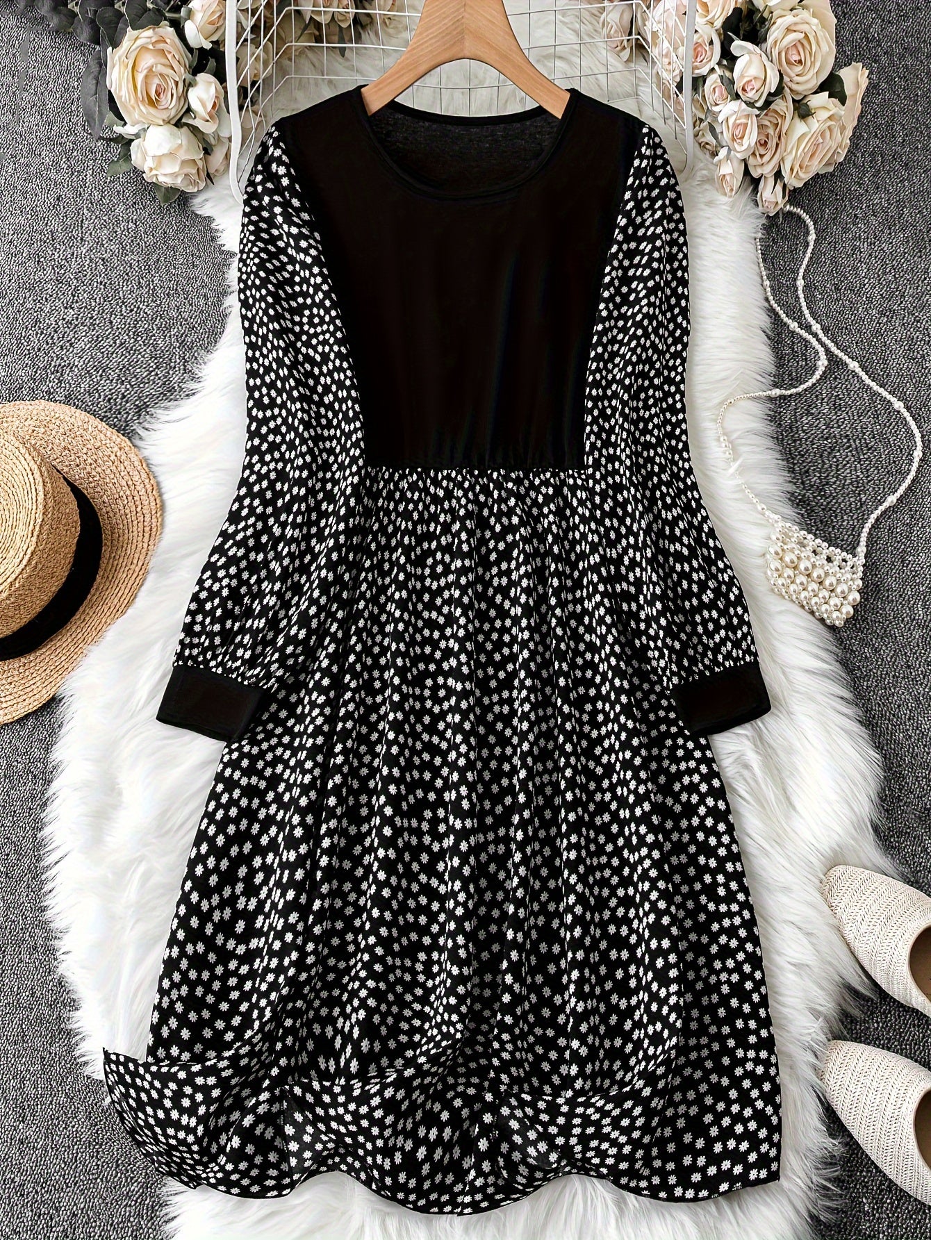  Colorblock Ditsy Print Long Sleeve Dress