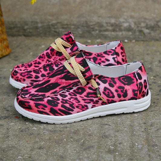 Leopard Print Canvas Shoes Low Top Lace Up Women's Walking Shoes
