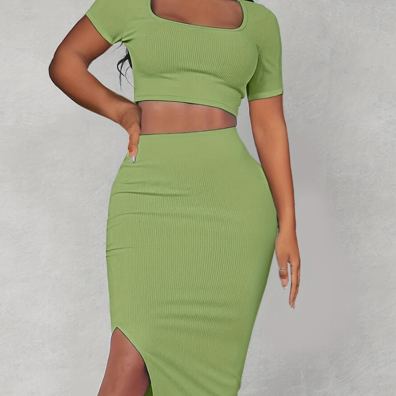 Square Neck Crop Top & Split Bodycon Skirt Set