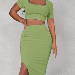 Square Neck Crop Top & Split Bodycon Skirt Set