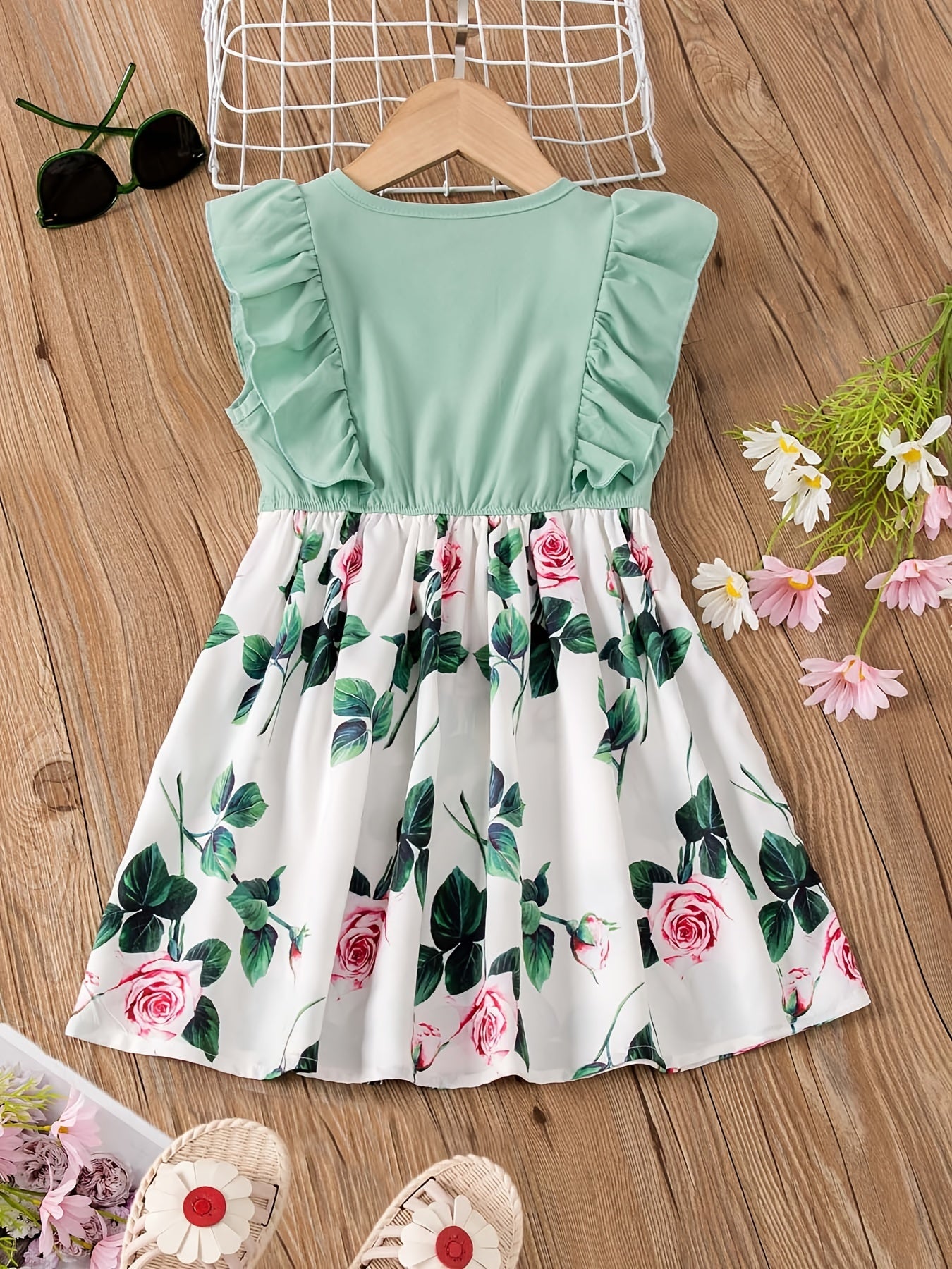 Girls Casual Ruffled Dress with Flower Print Bow for Summer
