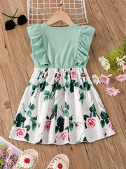 Girls Casual Ruffled Dress with Flower Print Bow for Summer