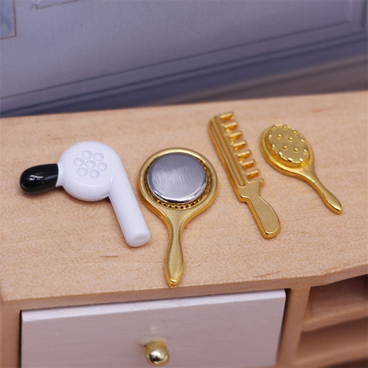 Alloy Dollhouse Hairdressing Set with Comb, Mirror, Dryer & Brush