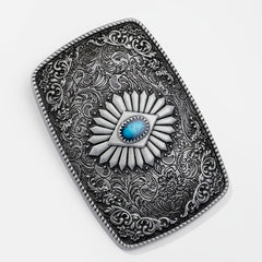Vintage Turquoise Belt Buckle Geometric Engraved Western Cowboy Accessories
