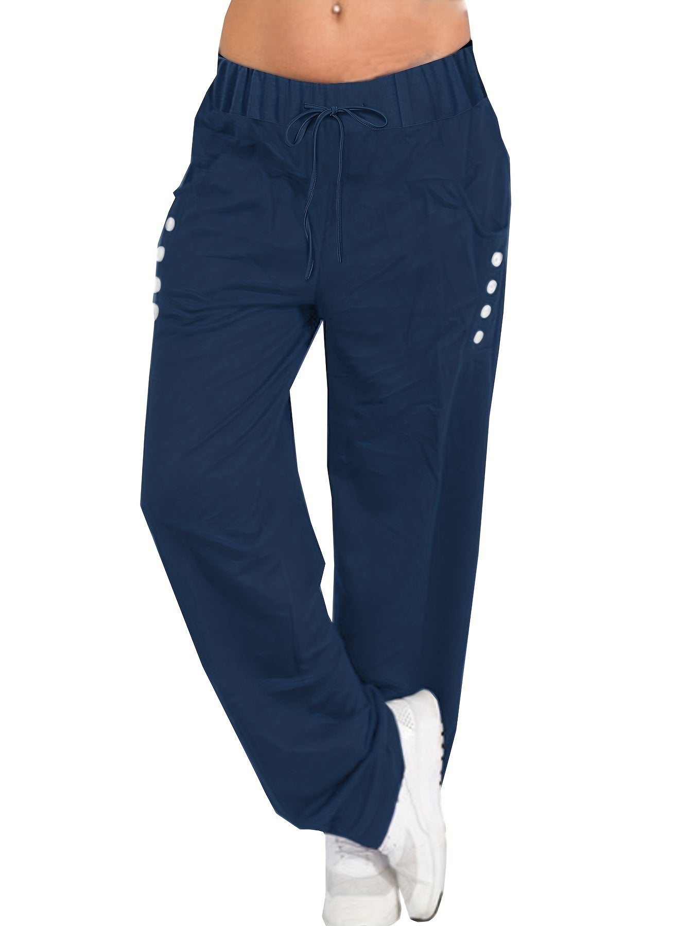 Solid Button Decor Drawstring Pants
