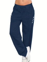  Solid Button Decor Drawstring Pants