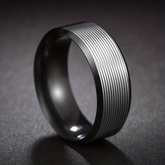 Engraved Grooves Stainless Steel Brushed Ring