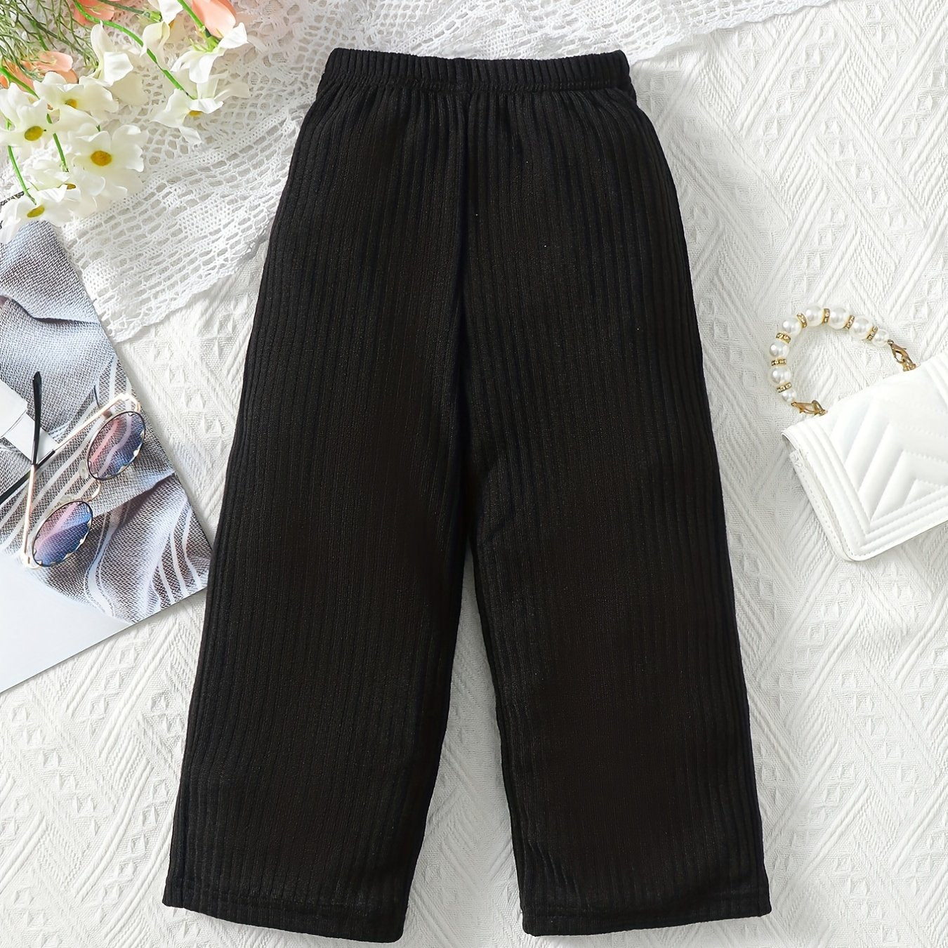 Girl's Rib Knit Elastane High Elastic Waist Casual Trousers