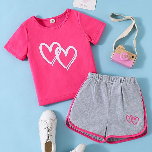 2pcs Toddler Girls Heart Graphic T Shirts & Track Shorts Set
