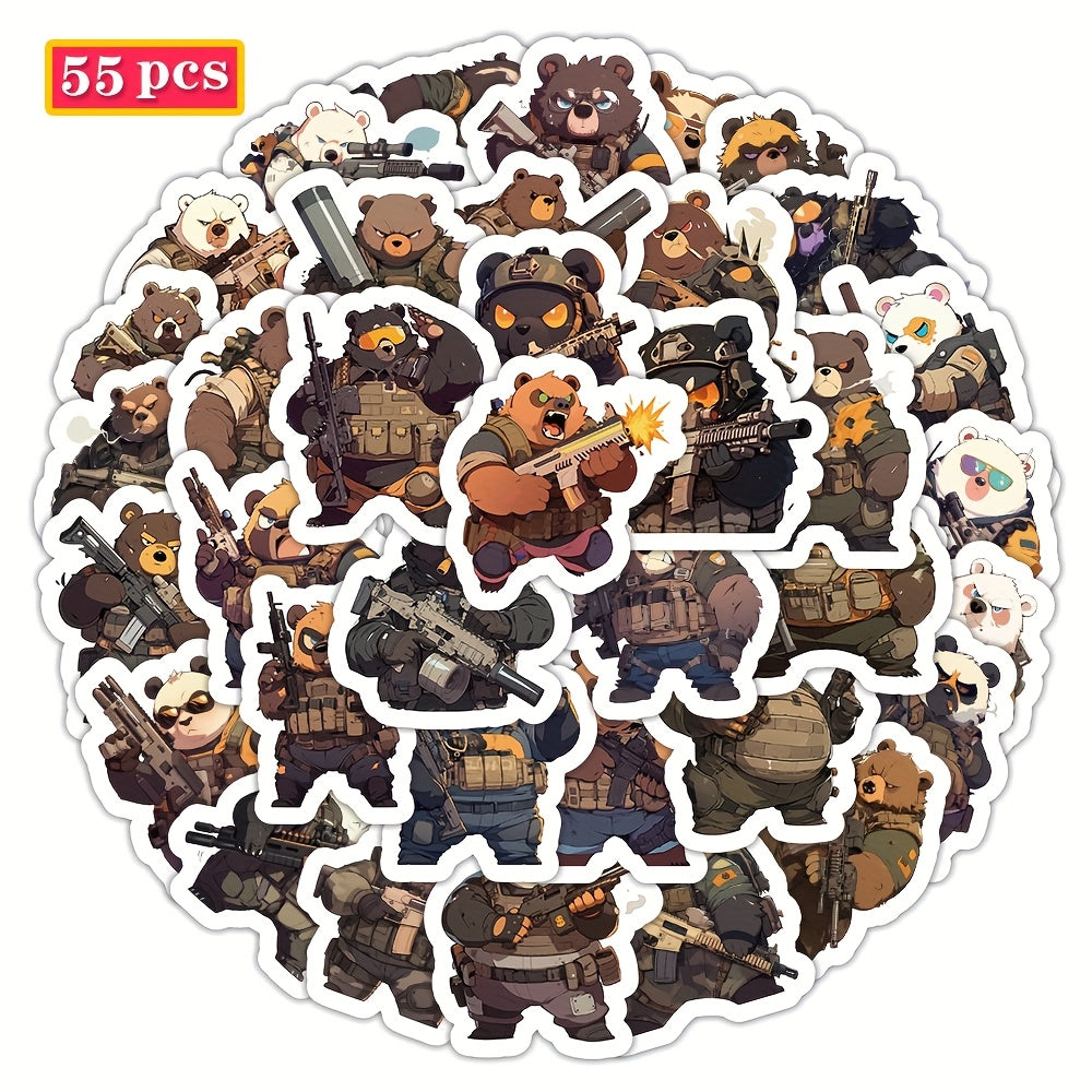 55pcs Combat Bear Style Stickers with Weapons Waterproof Vinyl Decals