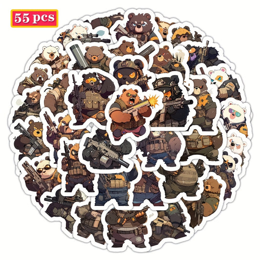 55pcs Combat Bear Style Stickers with Weapons Waterproof Vinyl Decals