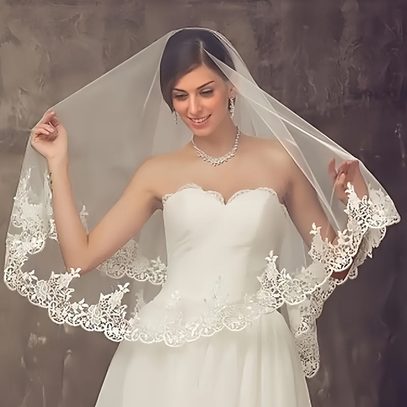 Bridal Veil with Embroidered Floral Tulle Overlay for Weddings