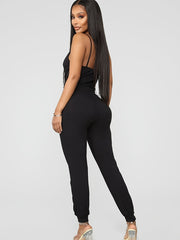 Sexy Spaghetti Jumpsuit Drawstring Solid Long Length