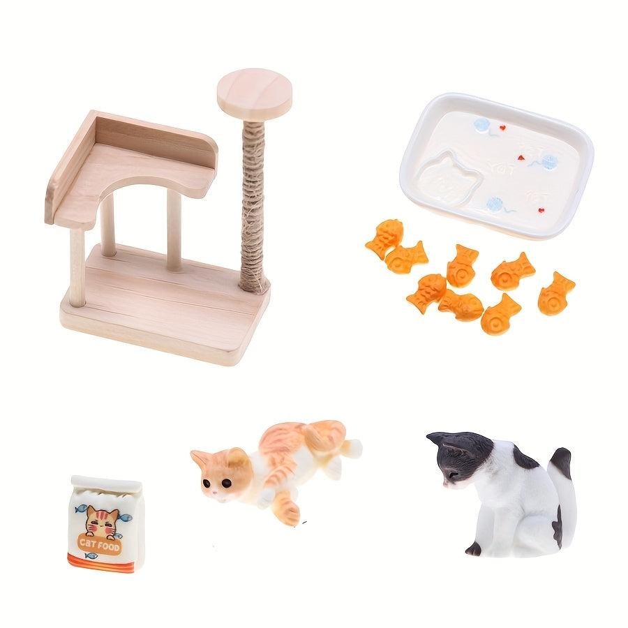 Wooden Cat Tree Dollhouse Accessory Set with Feeding Station & Decorative Items