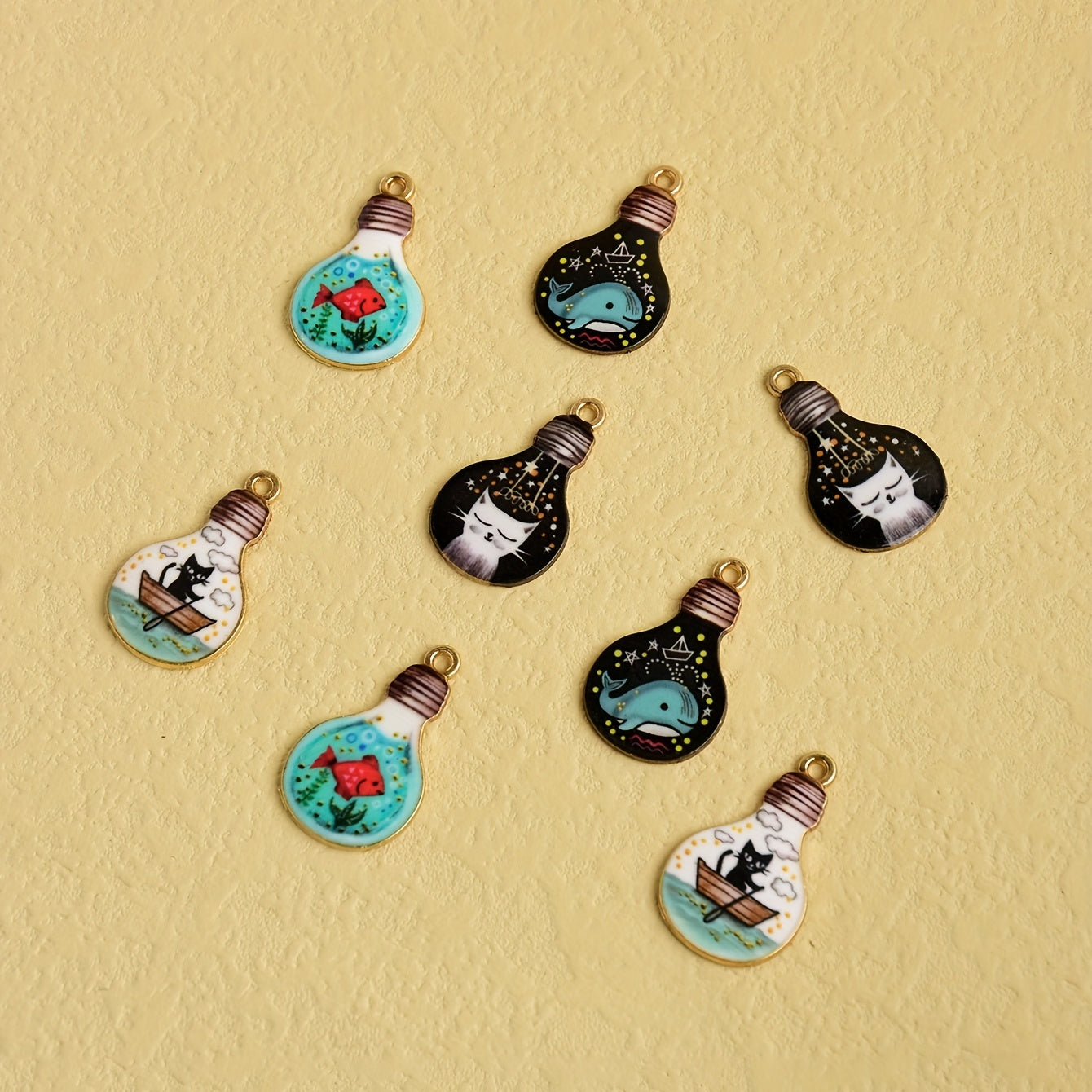 8pcs Goldfish Dolphin Kitten Print Bulb Pendant DIY Jewelry Set