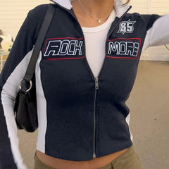 Y2K Block Letter Print Jacket Crop Zip Up Women's Clothing