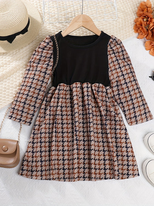 Girls Houndstooth Patchwork Dress Spring Fall