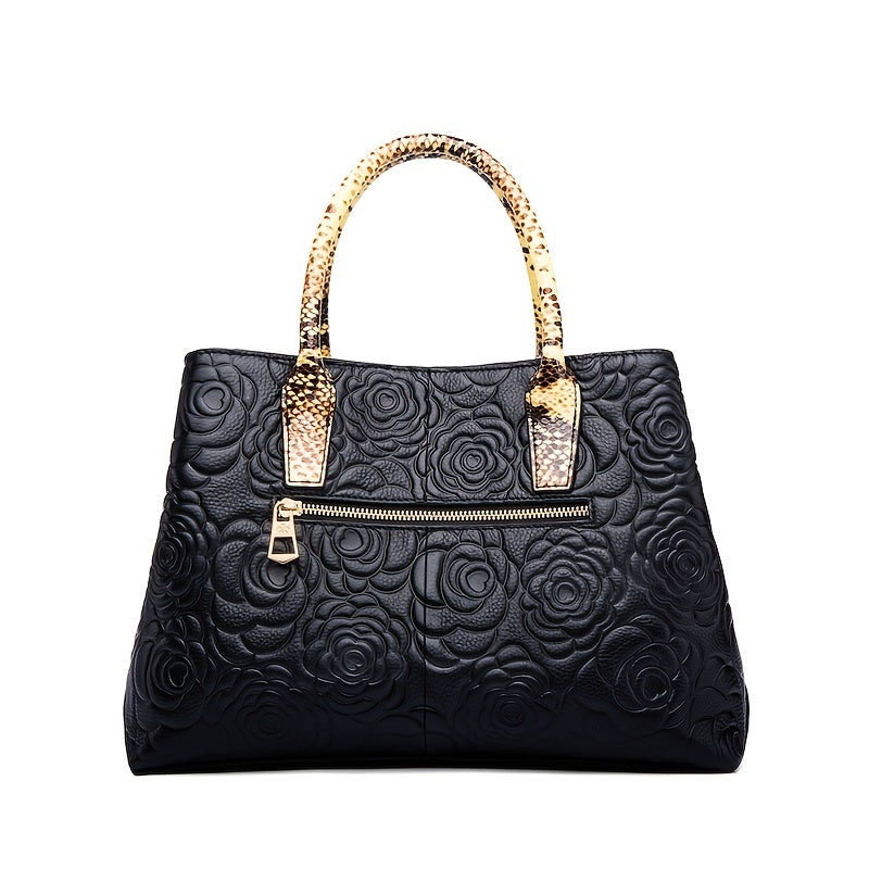 Floral Embossed Shoulder Bag Women's Large Zipper Purse