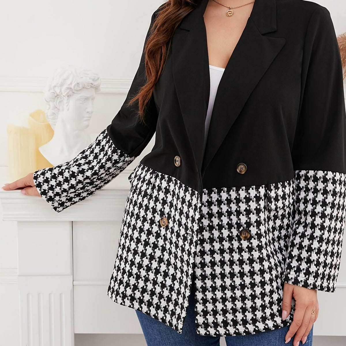  Houndstooth Lapel Collar Blazer Women's Plus Business Casual Blazer