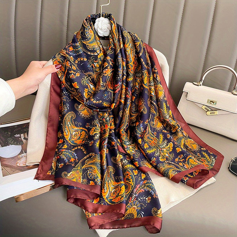 Paisley Print Scarf Navy Satin Shawl Casual Windproof Head Wrap