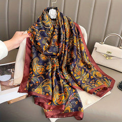 Paisley Print Scarf Navy Satin Shawl Casual Windproof Head Wrap