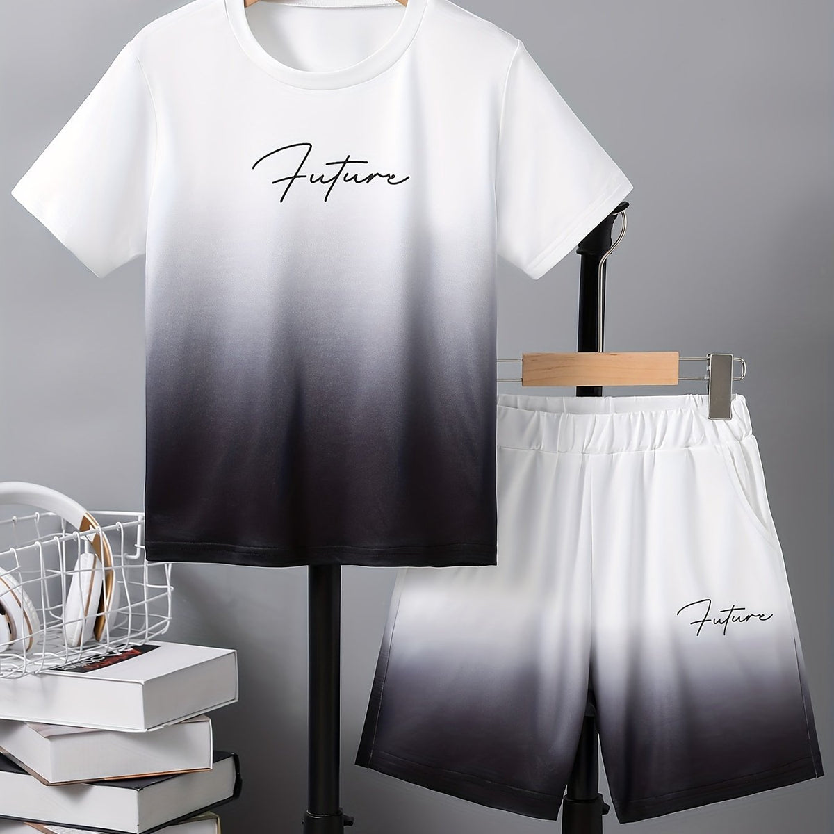 Boy's Gradient 2pcs T shirt & Shorts Set FUTURE Print Short Sleeve Top