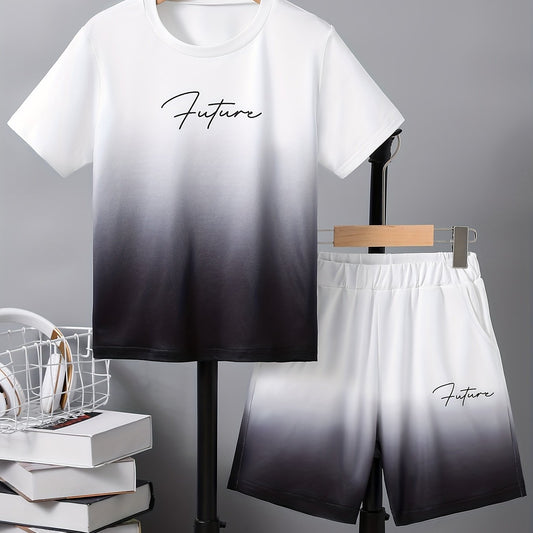 Boy's Gradient 2pcs T shirt & Shorts Set FUTURE Print Short Sleeve Top
