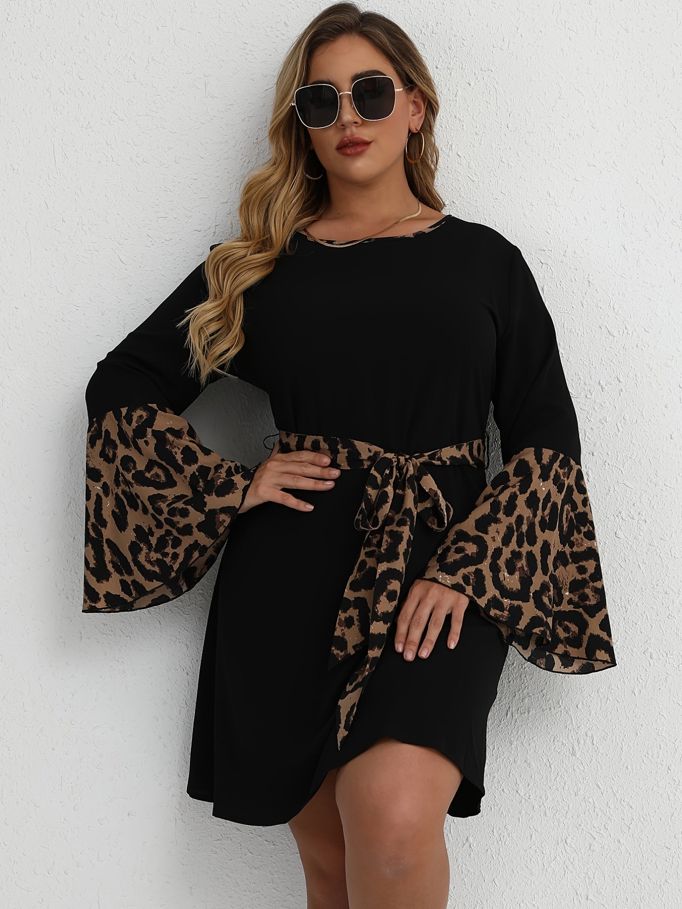 Leopard Print Bell Sleeve Mini Dress Plus Size