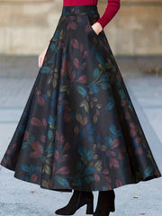 Leaf Print Maxi A line Skirt With Pockets