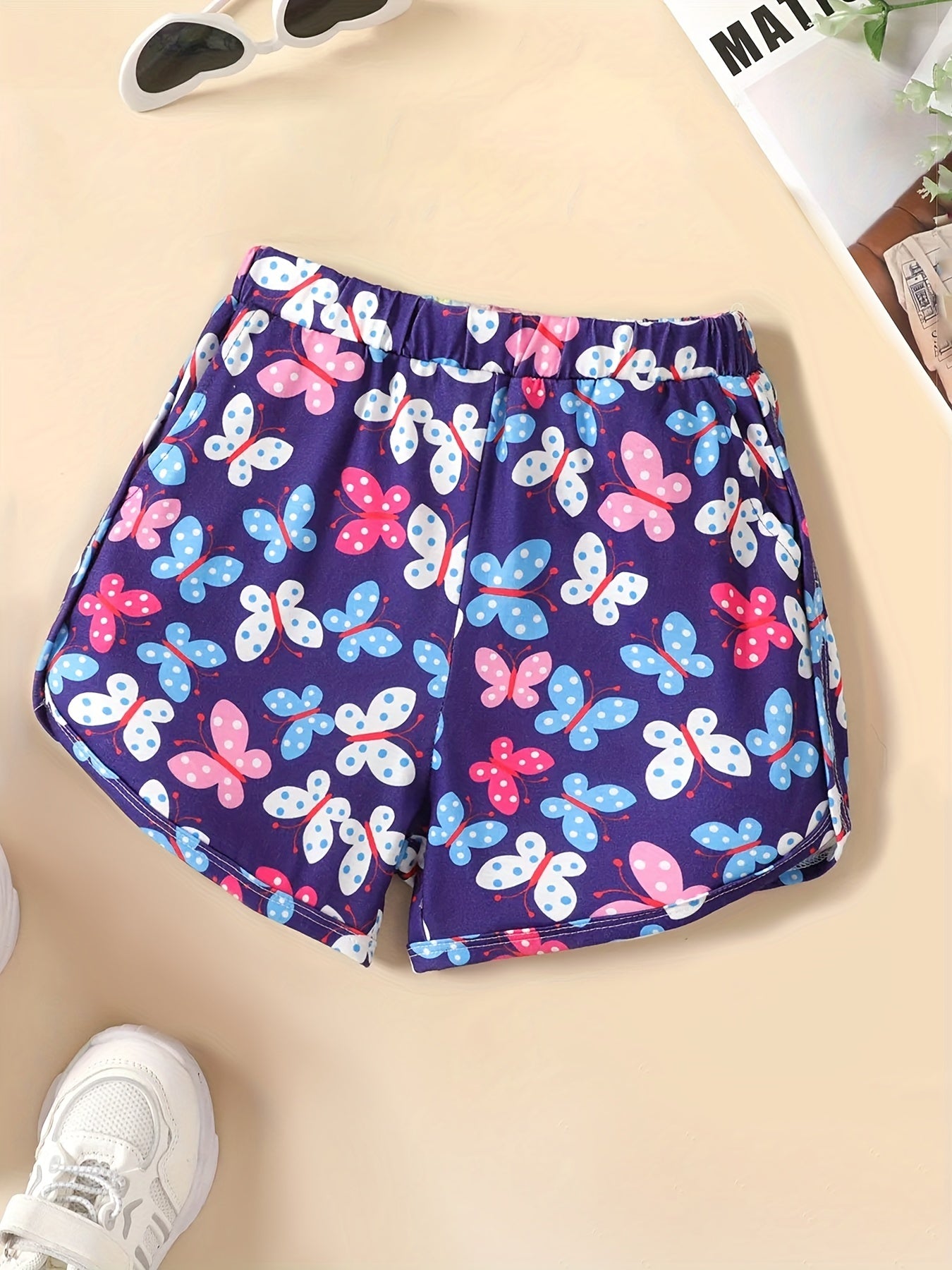 Kid Girls Tie Dye Floral & Butterfly Print Casual Shorts
