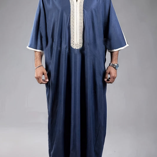 Islamic Arabic Kaftan Men Long Sleeve Solid V Neck Muslim Clothes Vintage Casual