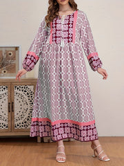  Boho Abaya Dress Women's Plus Allover Print Tassel Tie Neck